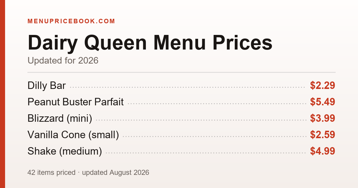 Dairy Queen menu prices for 2026 — Blizzard (mini) $3.99, Blizzard (small) $4.79, Blizzard (medium) $5.59