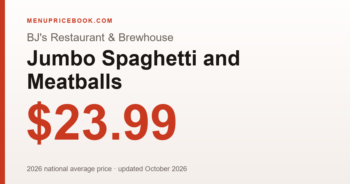 BJ's Restaurant & Brewhouse Jumbo Spaghetti and Meatballs price: $23.99 (2026)