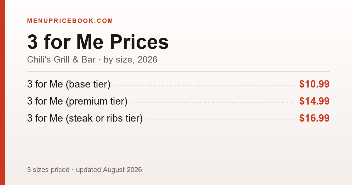 Chili's Grill & Bar 3 for Me price: $10.99–$16.99 (2026)
