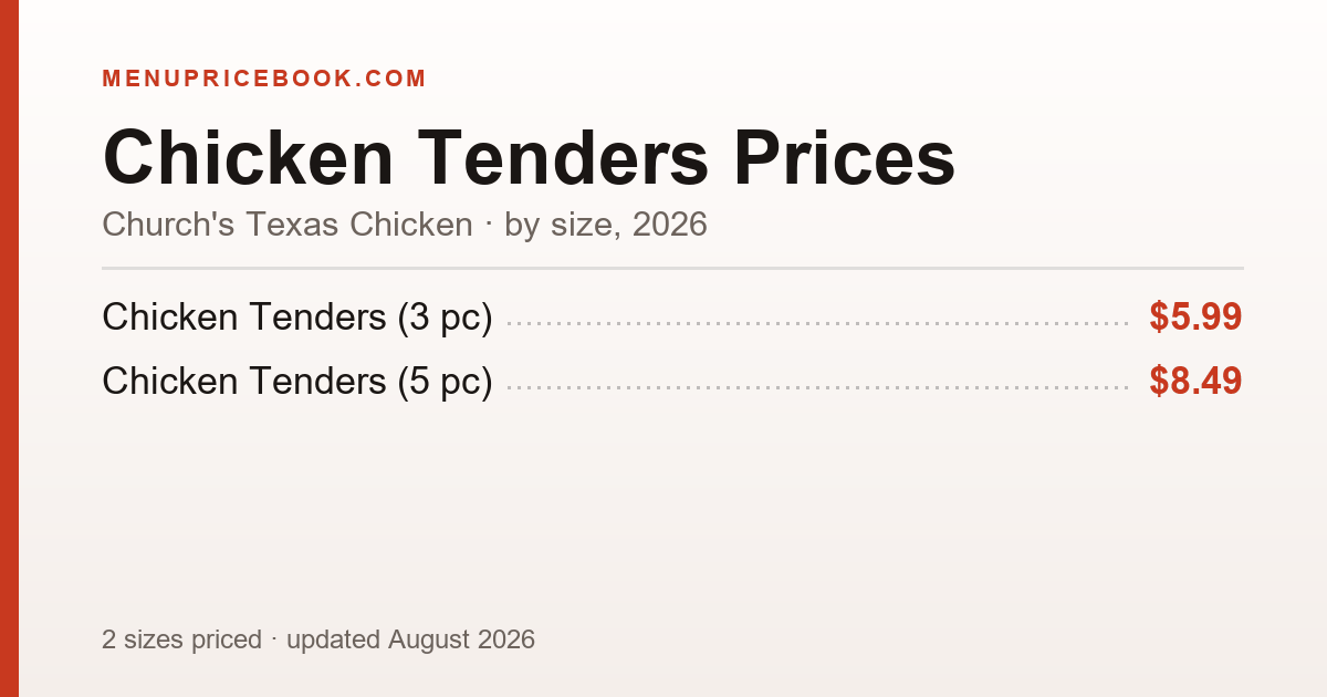 Church's Texas Chicken Chicken Tenders price: $5.99–$8.49 (2026)