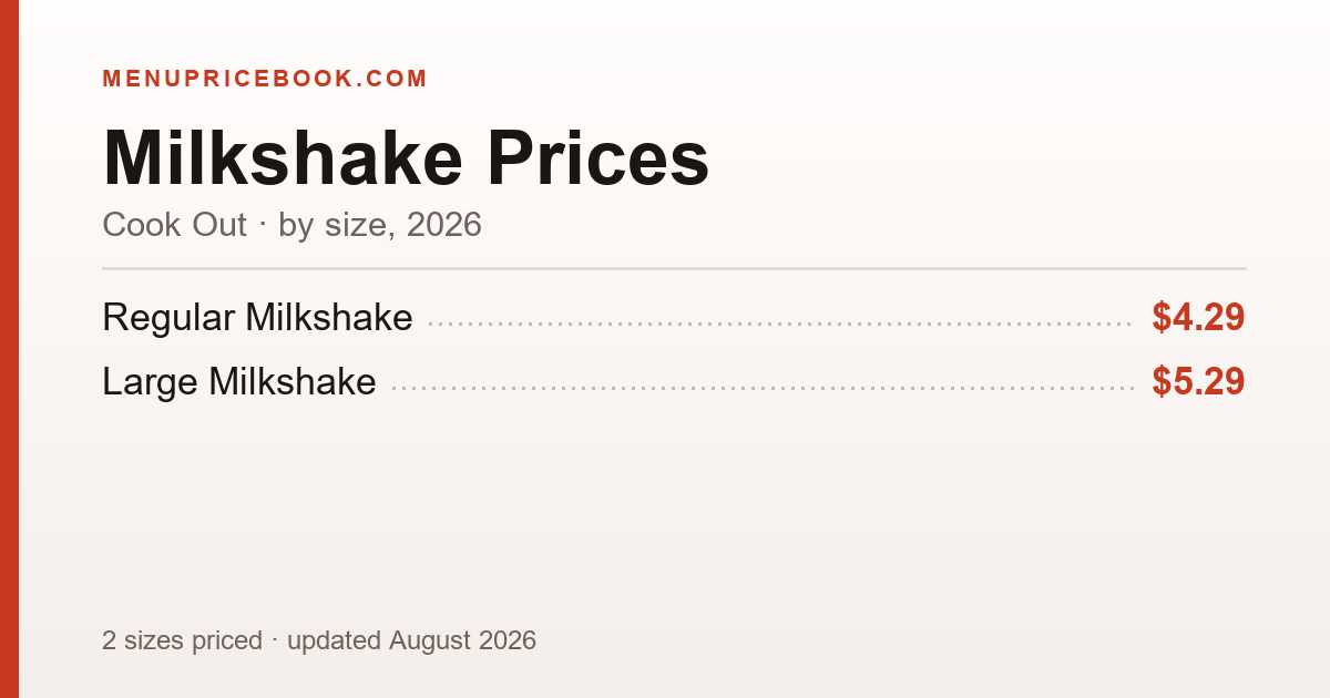 Cook Out Milkshake price: $4.29–$5.29 (2026)
