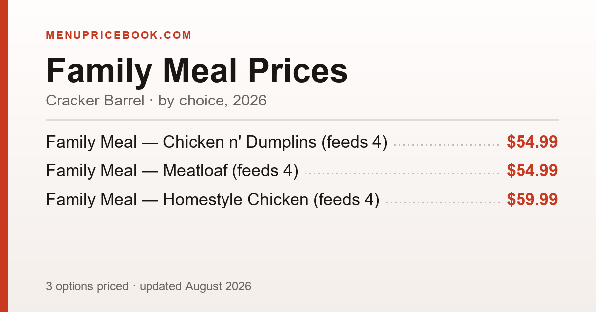 Cracker Barrel Family Meal price: $54.99–$59.99 (2026)