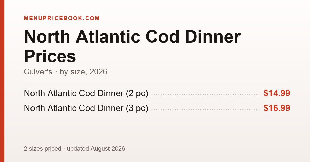 Culver's North Atlantic Cod Dinner price: $14.99–$16.99 (2026)