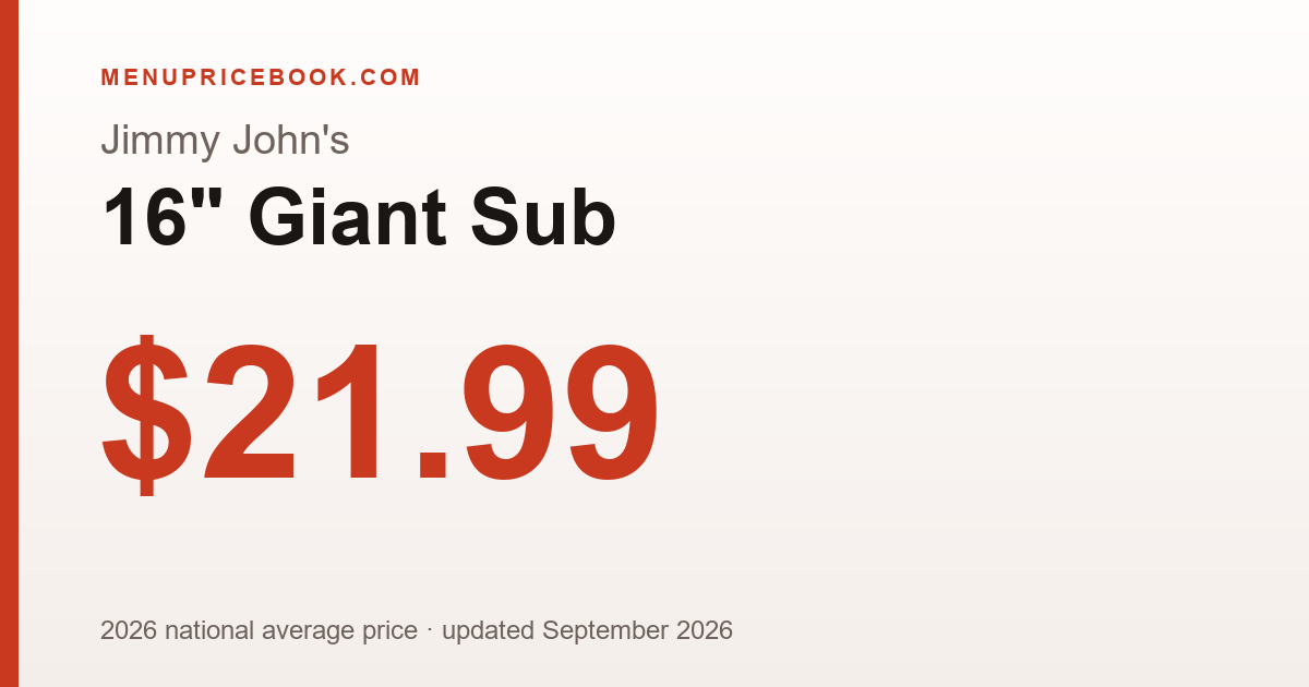 Jimmy John's 16" Giant Sub price: $21.99 (2026)