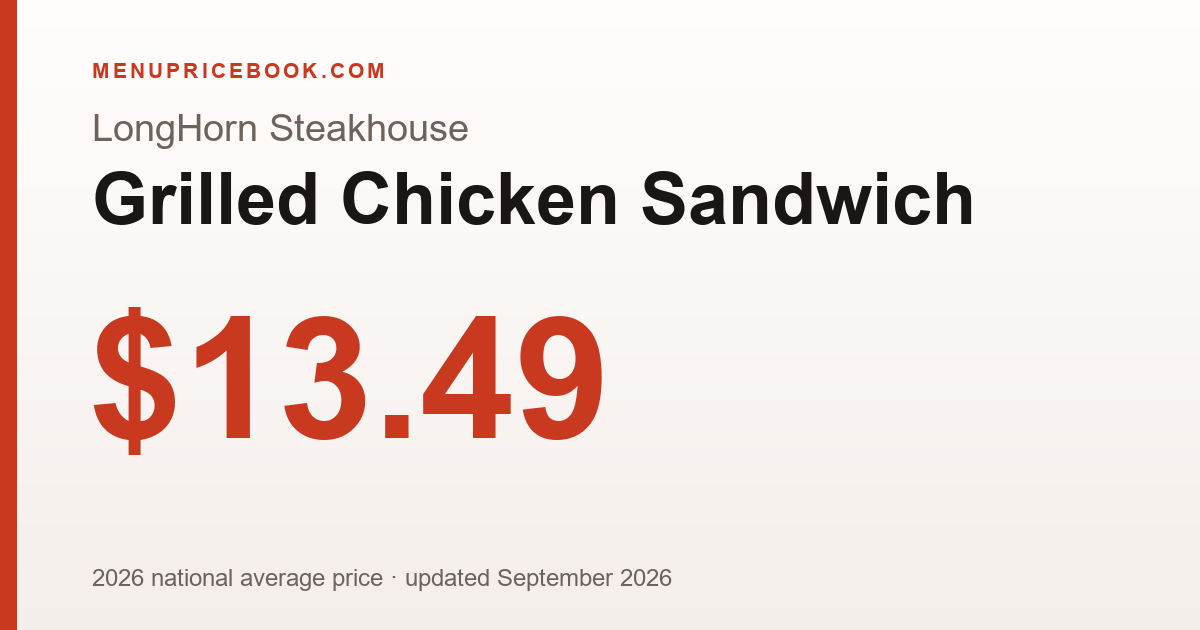 LongHorn Steakhouse Grilled Chicken Sandwich price: $13.49 (2026)