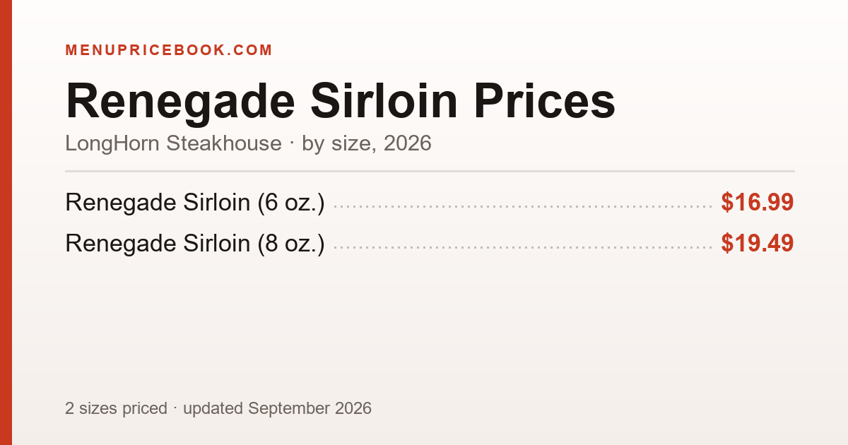 LongHorn Steakhouse Renegade Sirloin price: $16.99–$19.49 (2026)