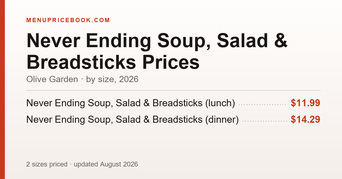 Olive Garden Never Ending Soup, Salad & Breadsticks price: $11.99–$14.29 (2026)