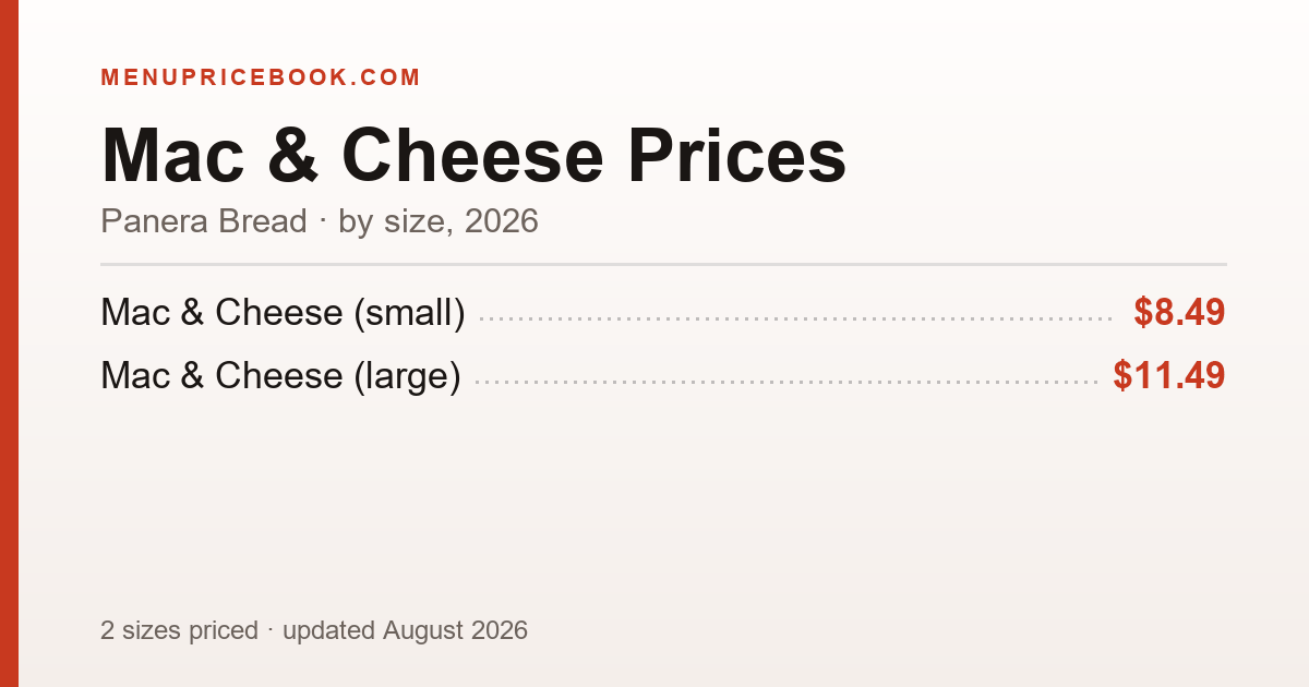 Panera Bread Mac & Cheese price: $8.49–$11.49 (2026)
