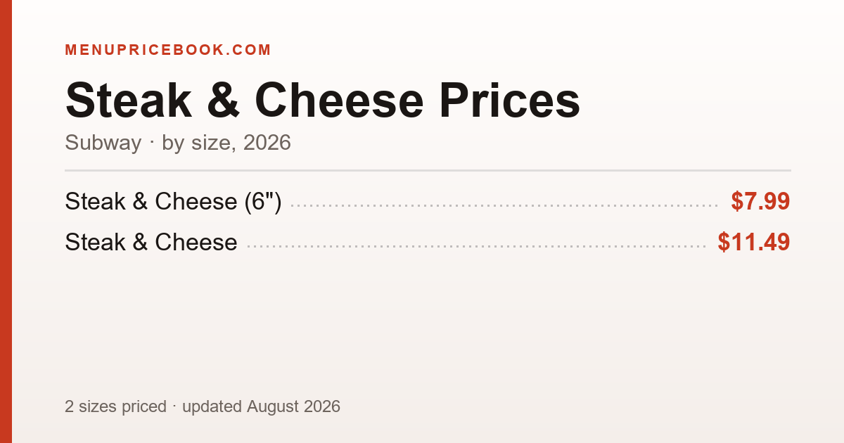Subway Steak & Cheese price: $7.99–$11.49 (2026)